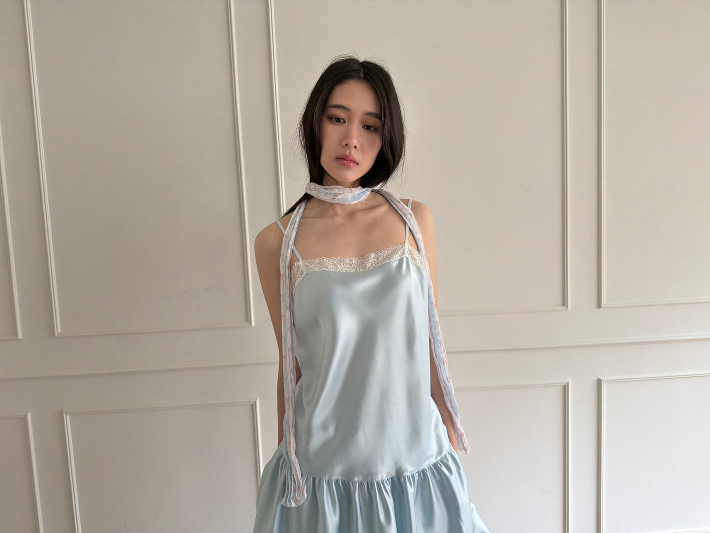 Thin-strap satin lace-trimmed camisole dress