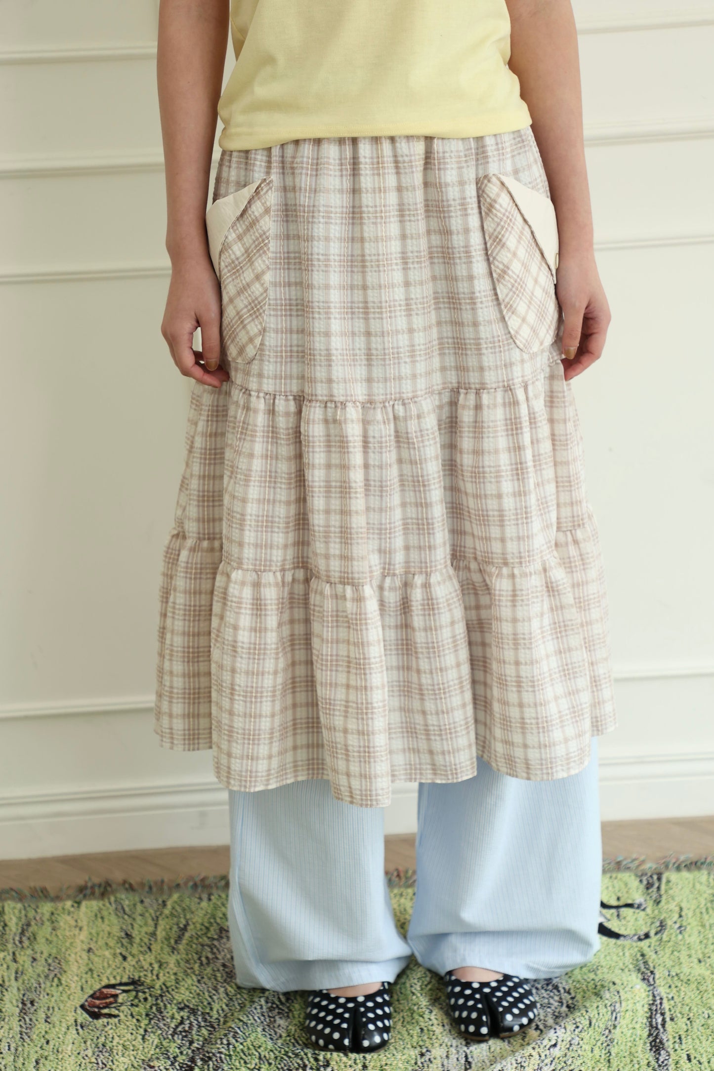 Pancake Check Button Midi Skirt
