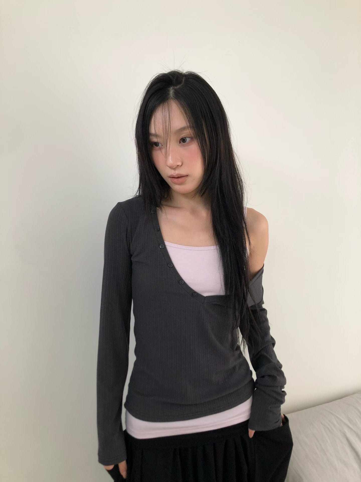 (9/6 收單)韓國製 背心斜排鈕扣長袖set