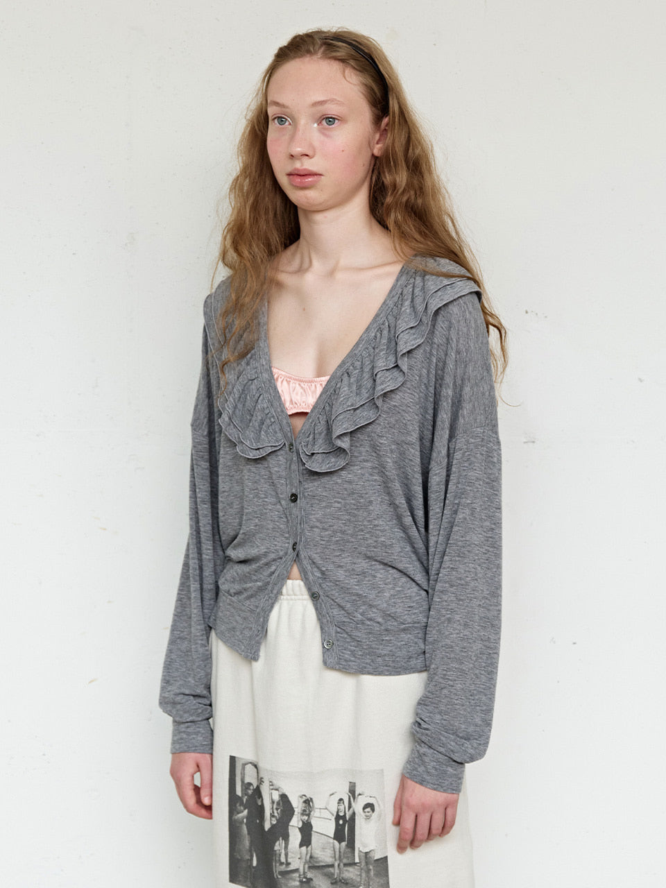 FUN FROM FUN Moody Frill Cardigan, Melange Grey
