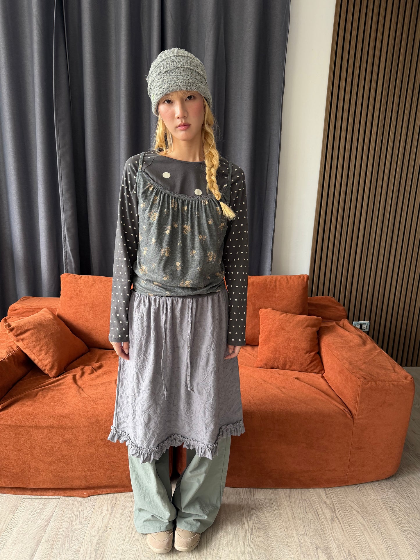 Embossed lace elastic cotton skirt