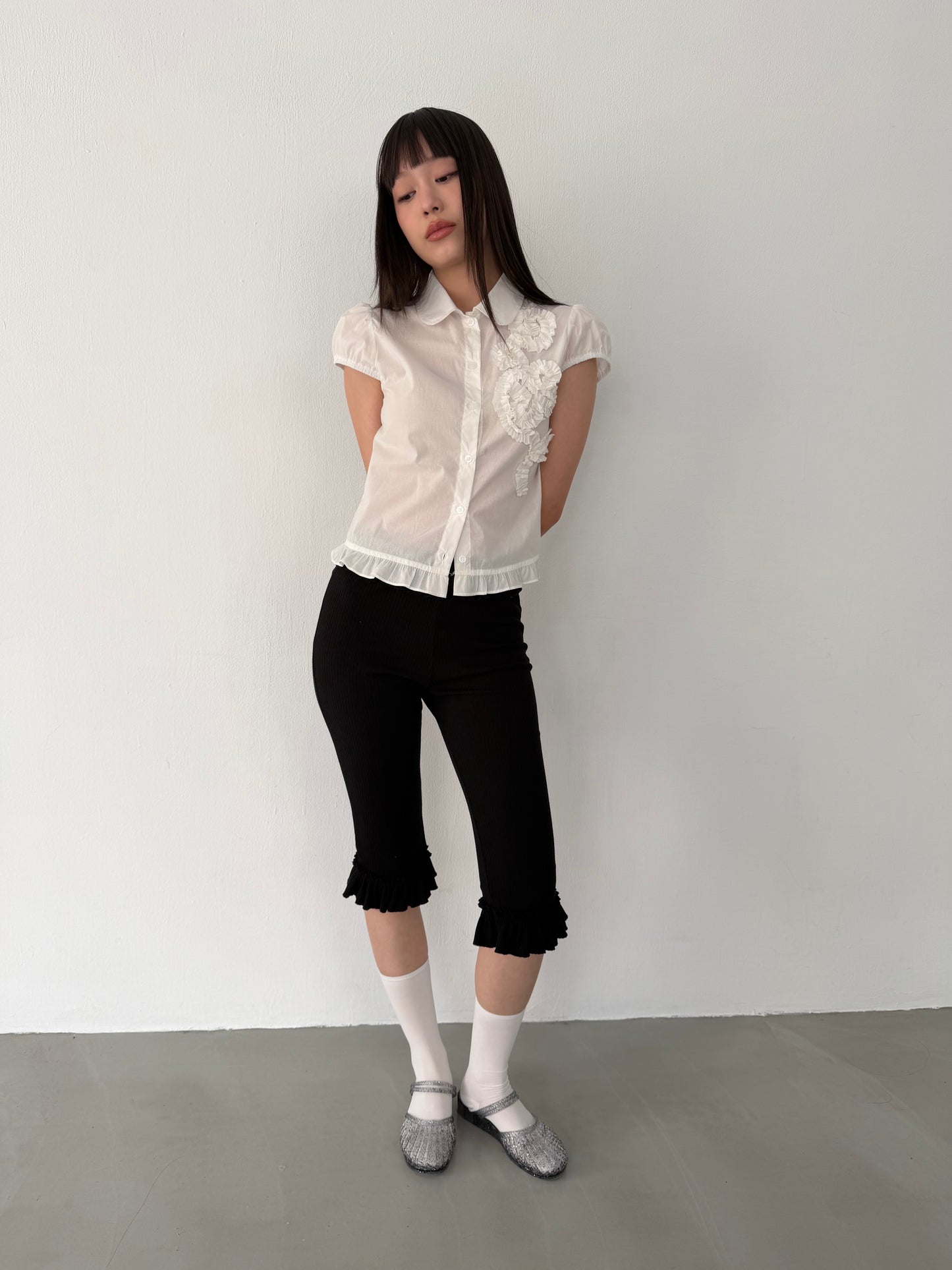 Lace-trimmed flutter sleeve shirt