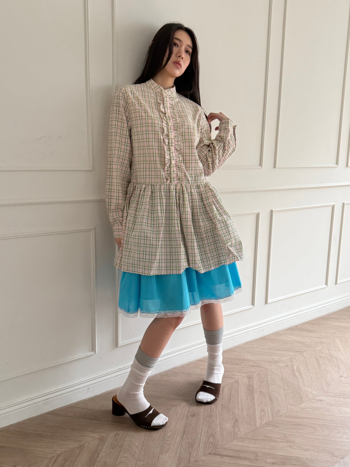 Plaid lace shirt dress
