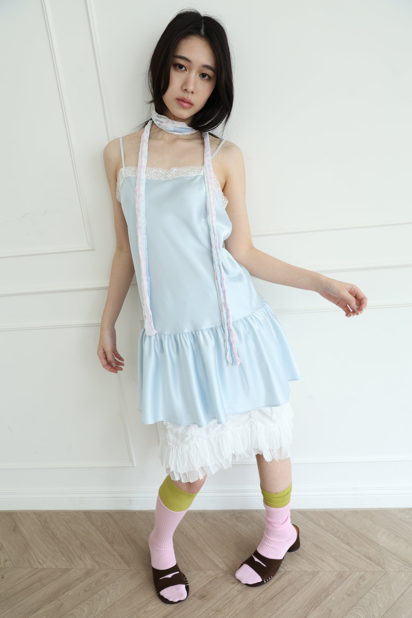 Thin-strap satin lace-trimmed camisole dress