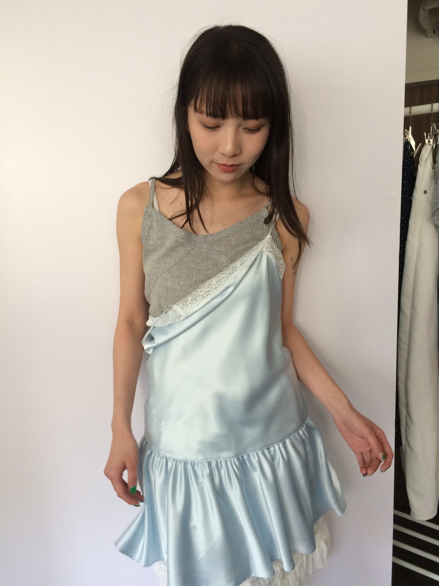 Thin-strap satin lace-trimmed camisole dress