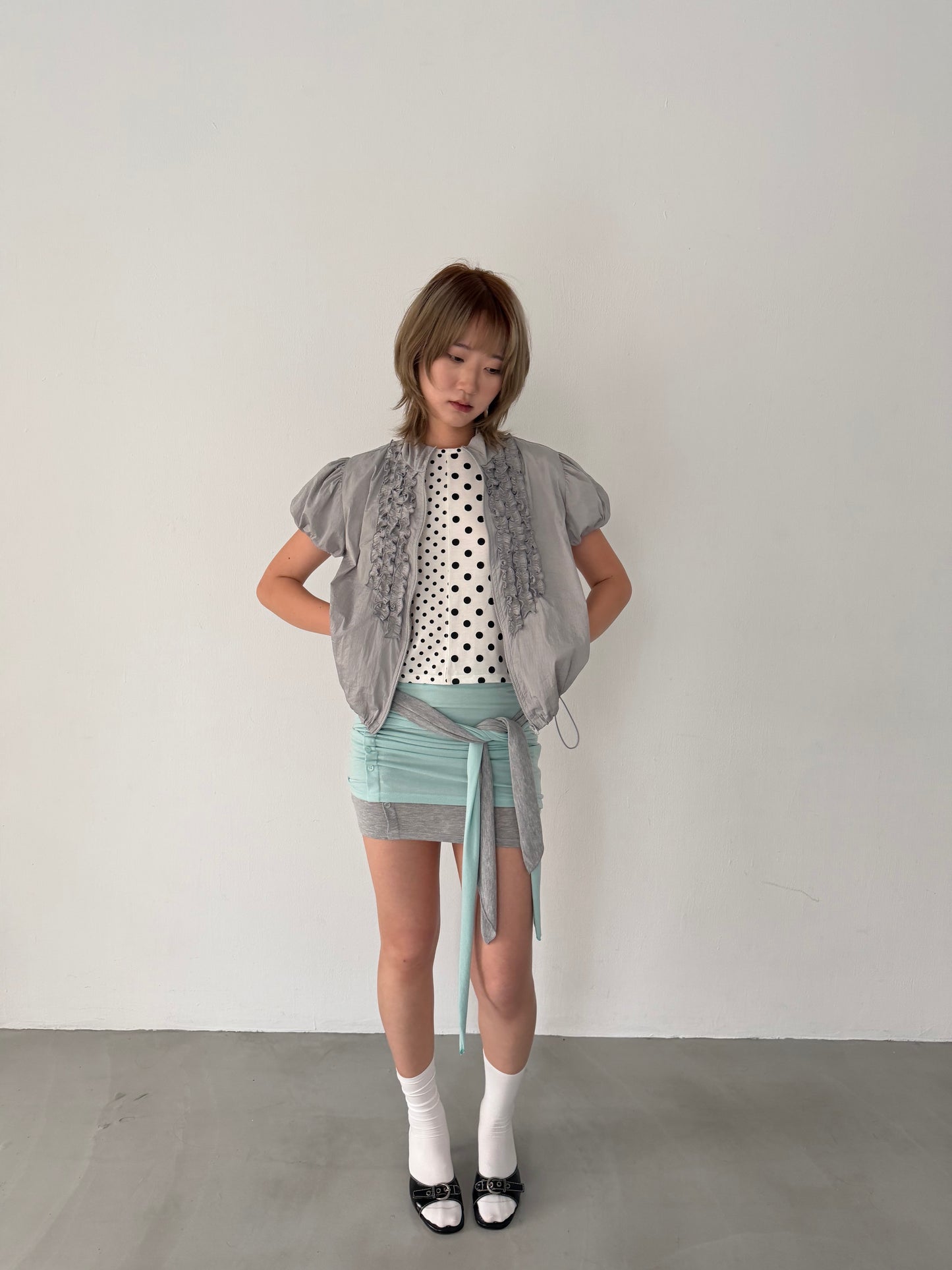 polka dot patchwork short-sleeved top