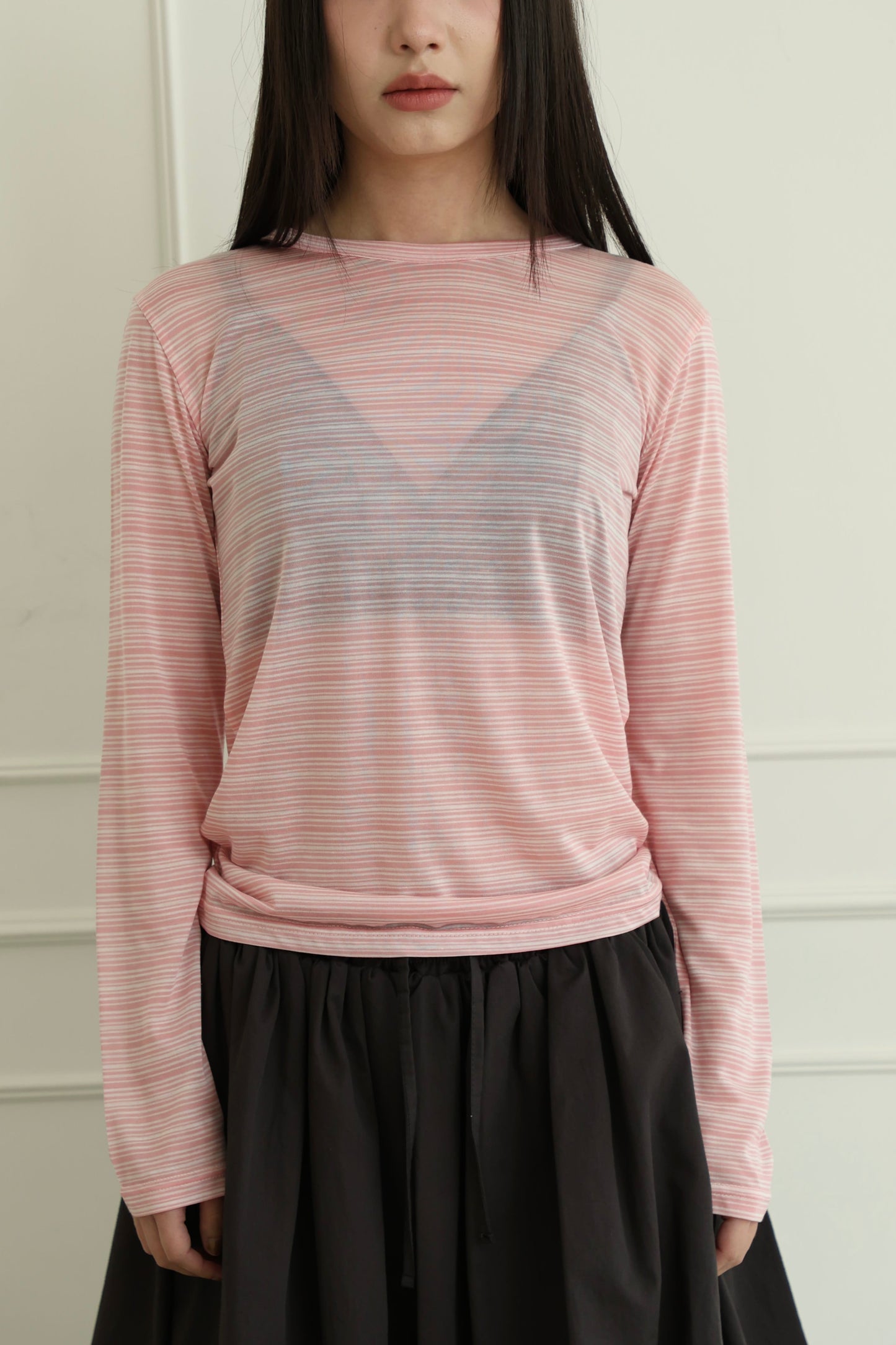 Sheer pinstriped long-sleeved top