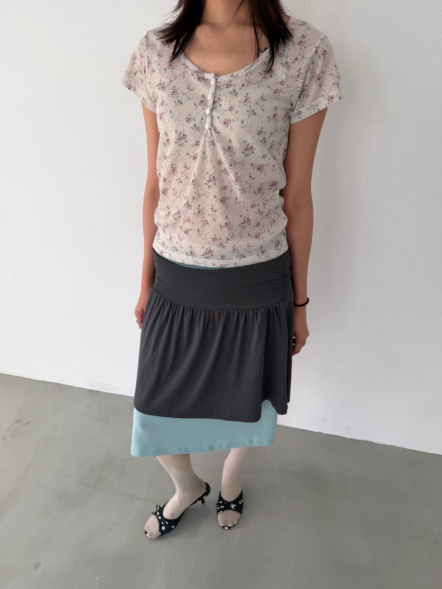 Floral Button Elastic Short-Sleeve