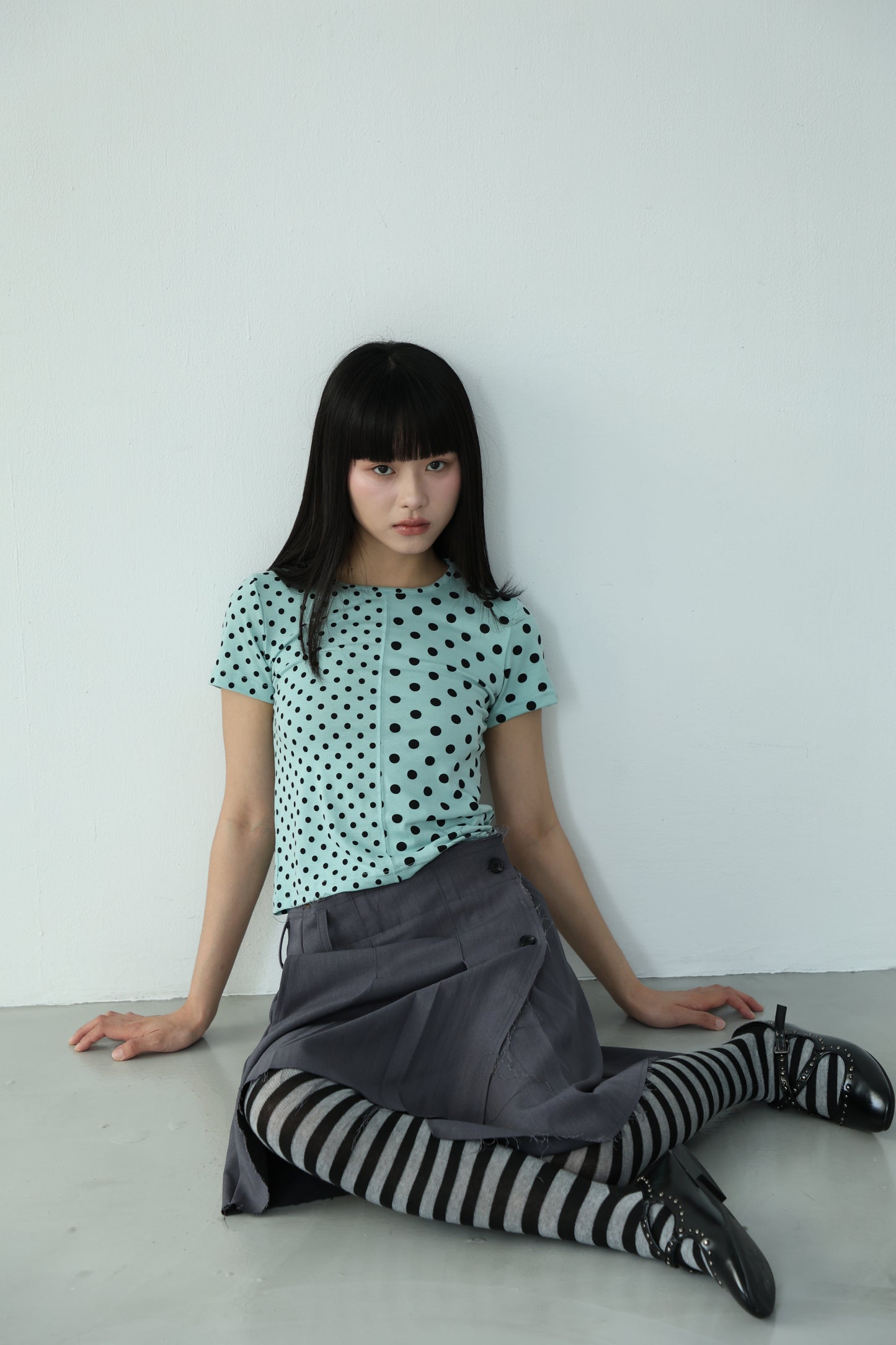 polka dot patchwork short-sleeved top