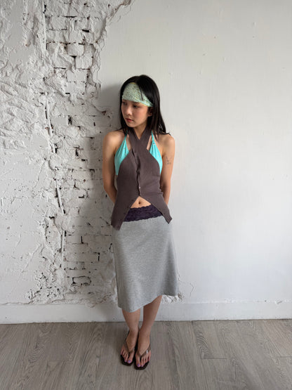 Lace color-blocked cotton skirt