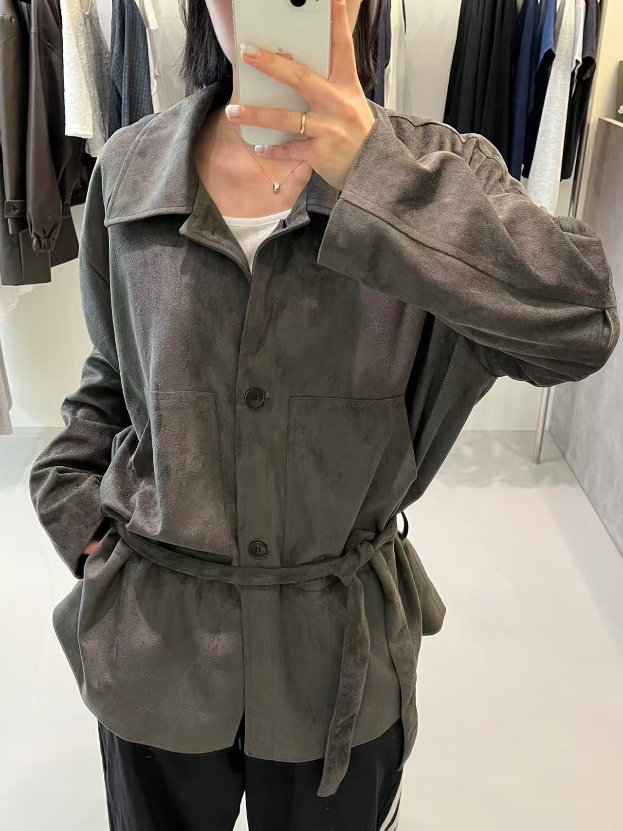 韓國製 麂皮感綁帶長版大衣