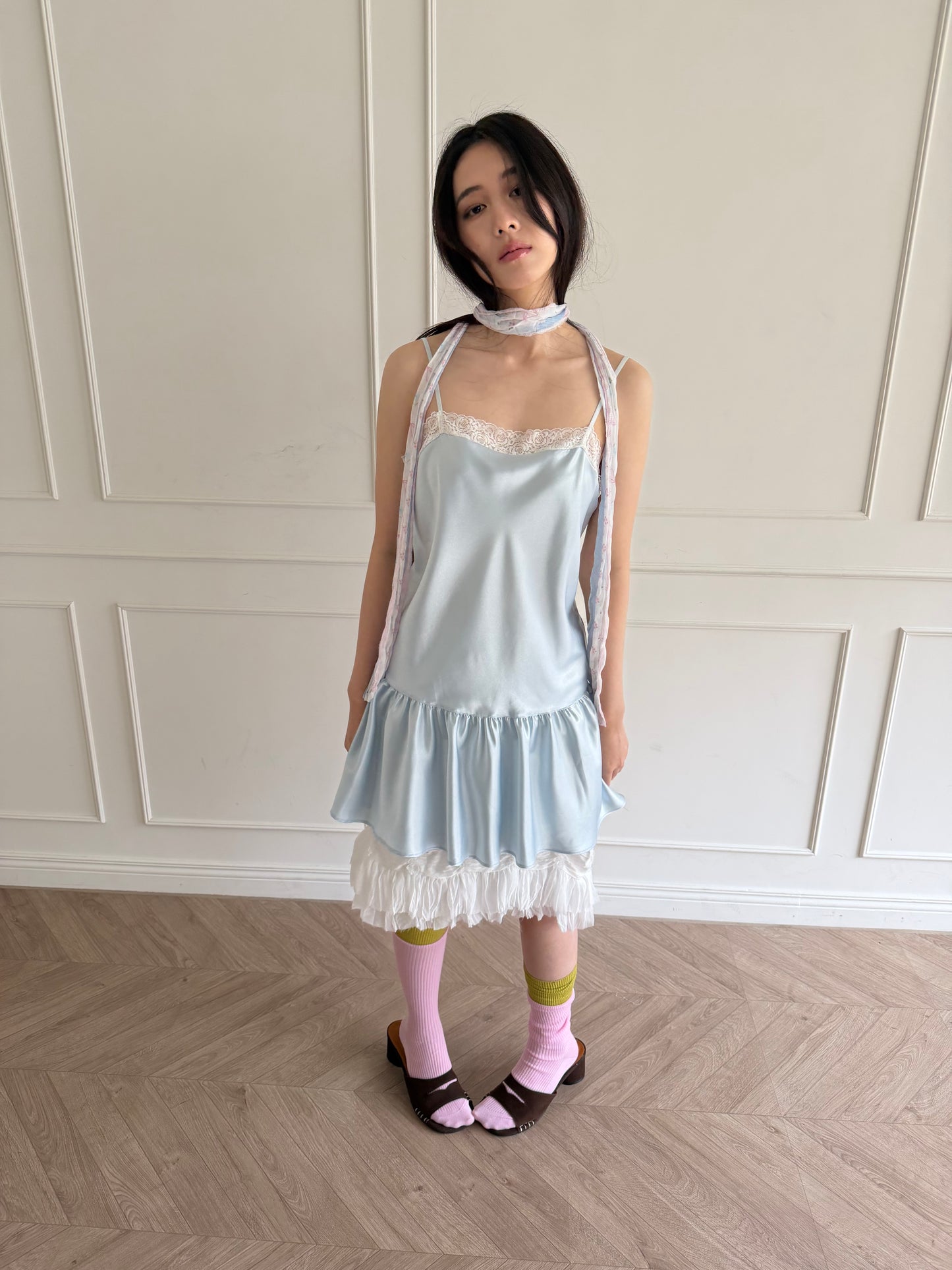 Thin-strap satin lace-trimmed camisole dress