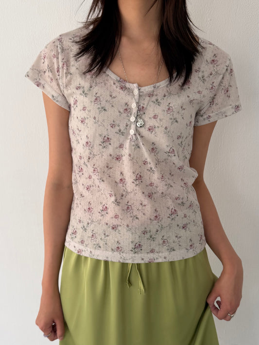 Floral Button Elastic Short-Sleeve