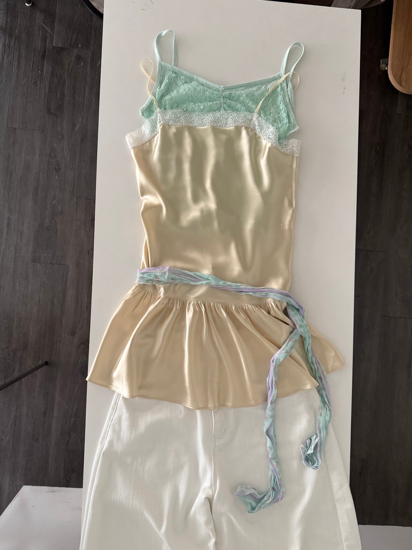Thin-strap satin lace-trimmed camisole dress
