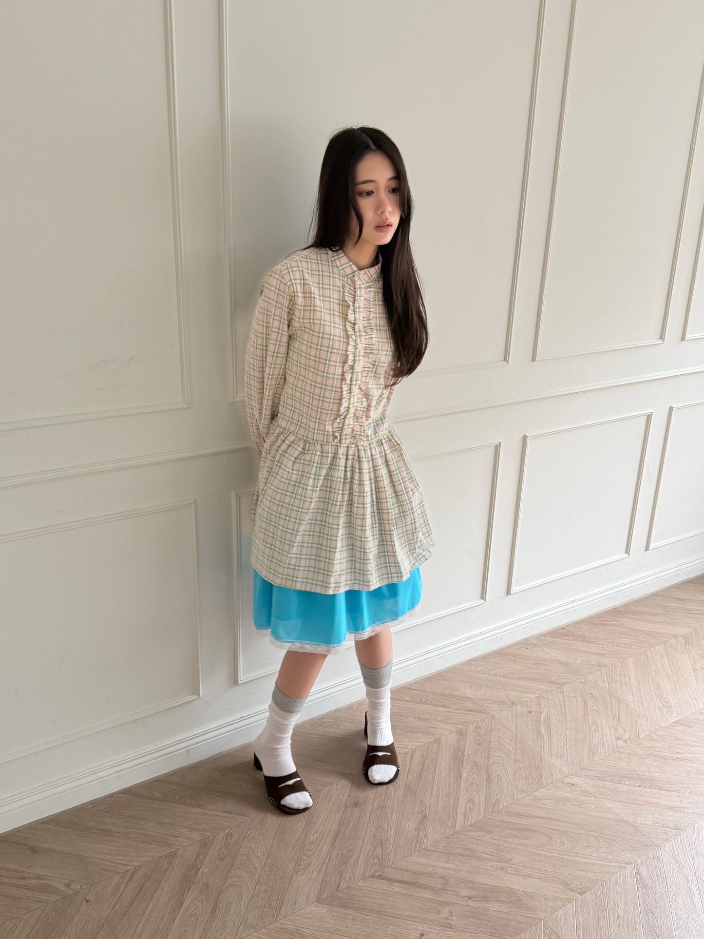 Plaid lace shirt dress