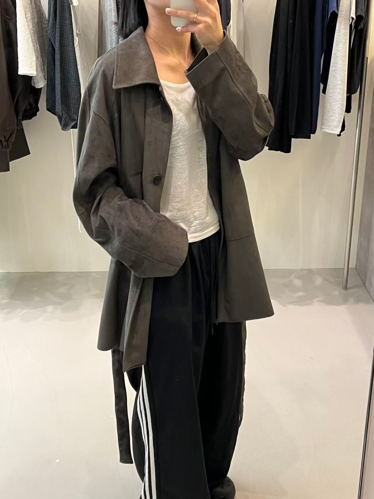 韓國製 麂皮感綁帶長版大衣