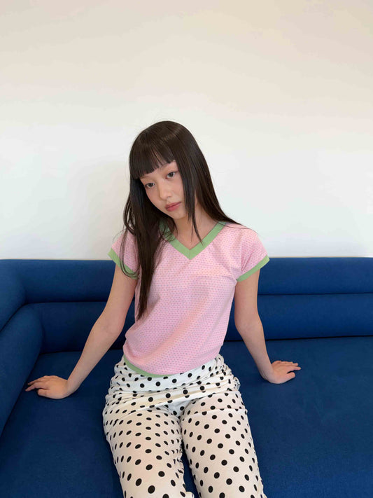 Candy-colored short-sleeved V-neck top