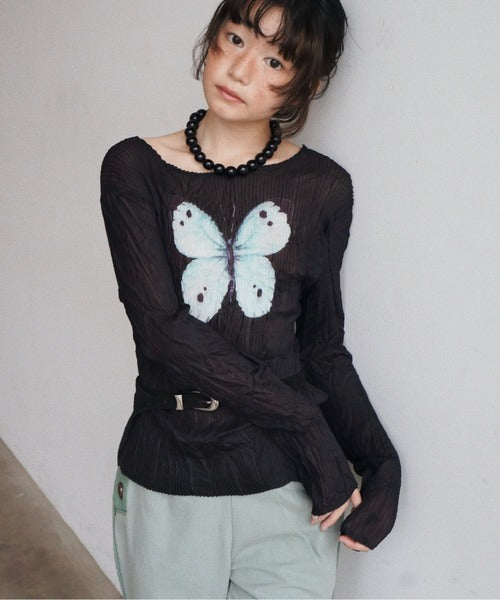 （Sale 至9/16 22:00）musubore pleatsed print sheer tops
