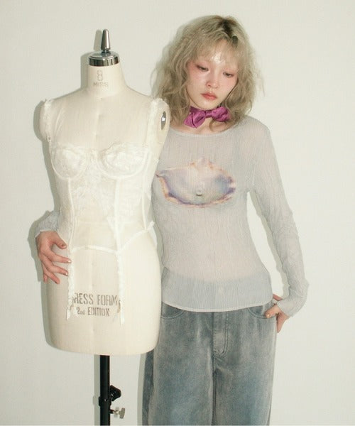 （Sale 至9/16 22:00）musubore pleatsed print sheer tops