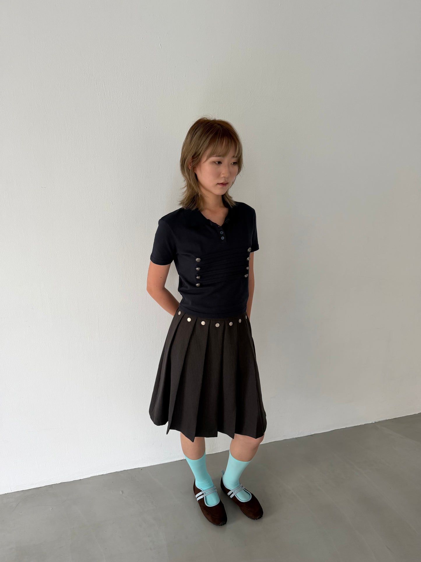 Studded striped suit pleated skirt