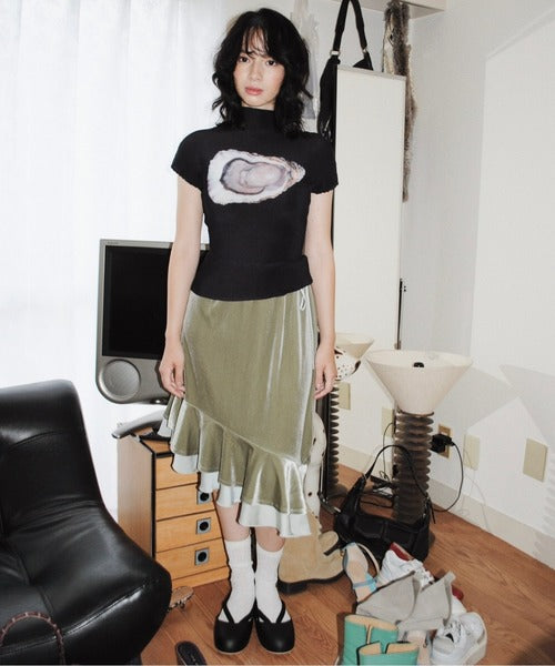 musubore frill velours midi skirt