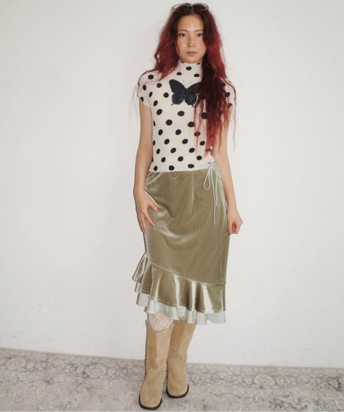 musubore frill velours midi skirt