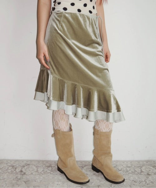 musubore frill velours midi skirt