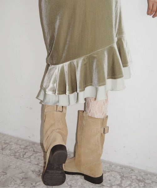 musubore frill velours midi skirt