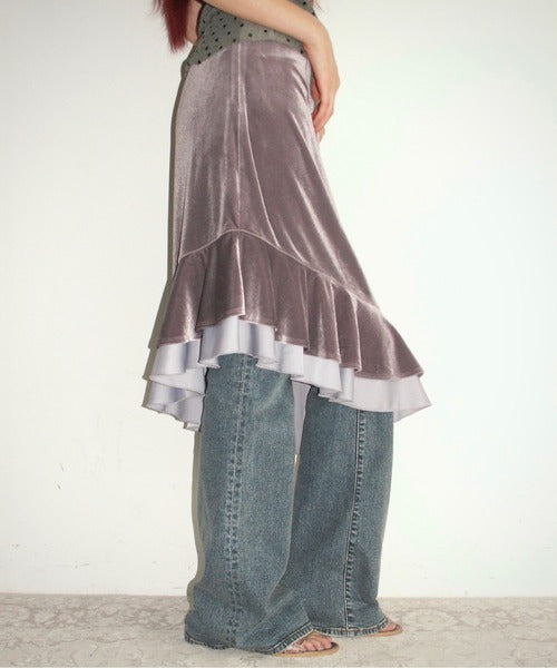 musubore frill velours midi skirt