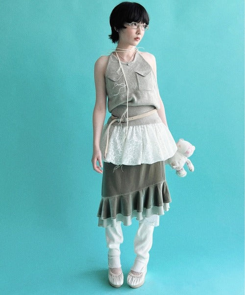 musubore frill velours midi skirt
