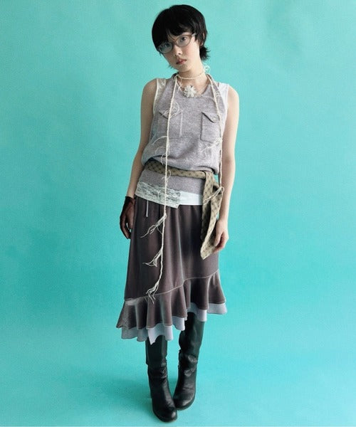 musubore frill velours midi skirt