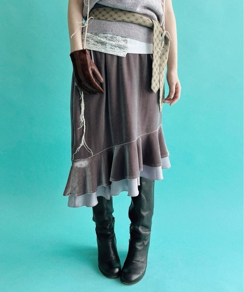 musubore frill velours midi skirt