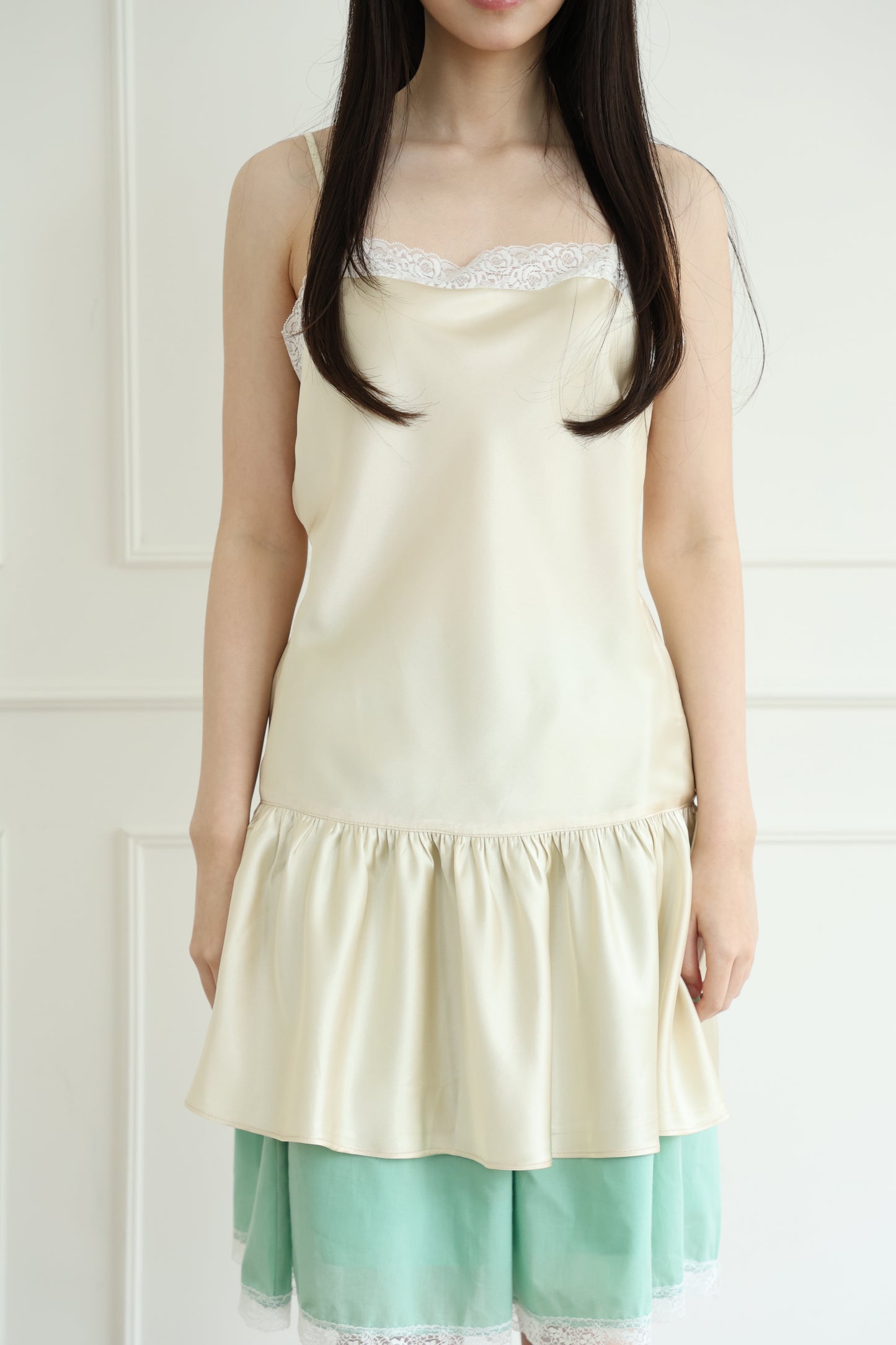 Thin-strap satin lace-trimmed camisole dress