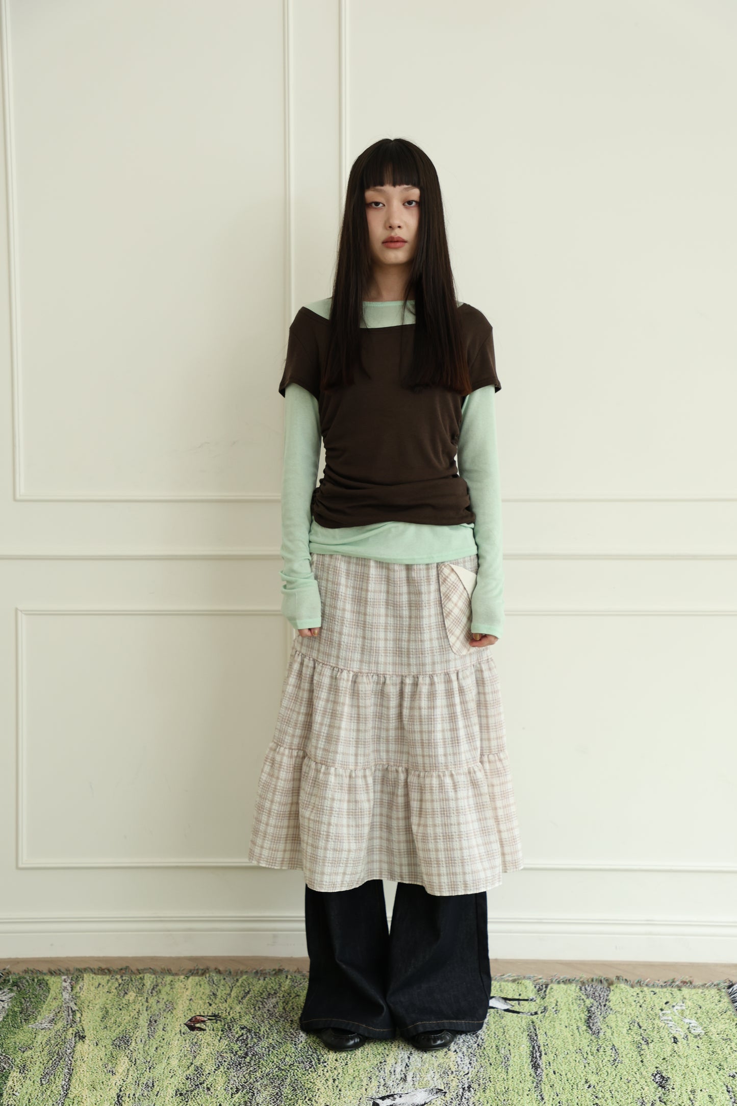 Pancake Check Button Midi Skirt