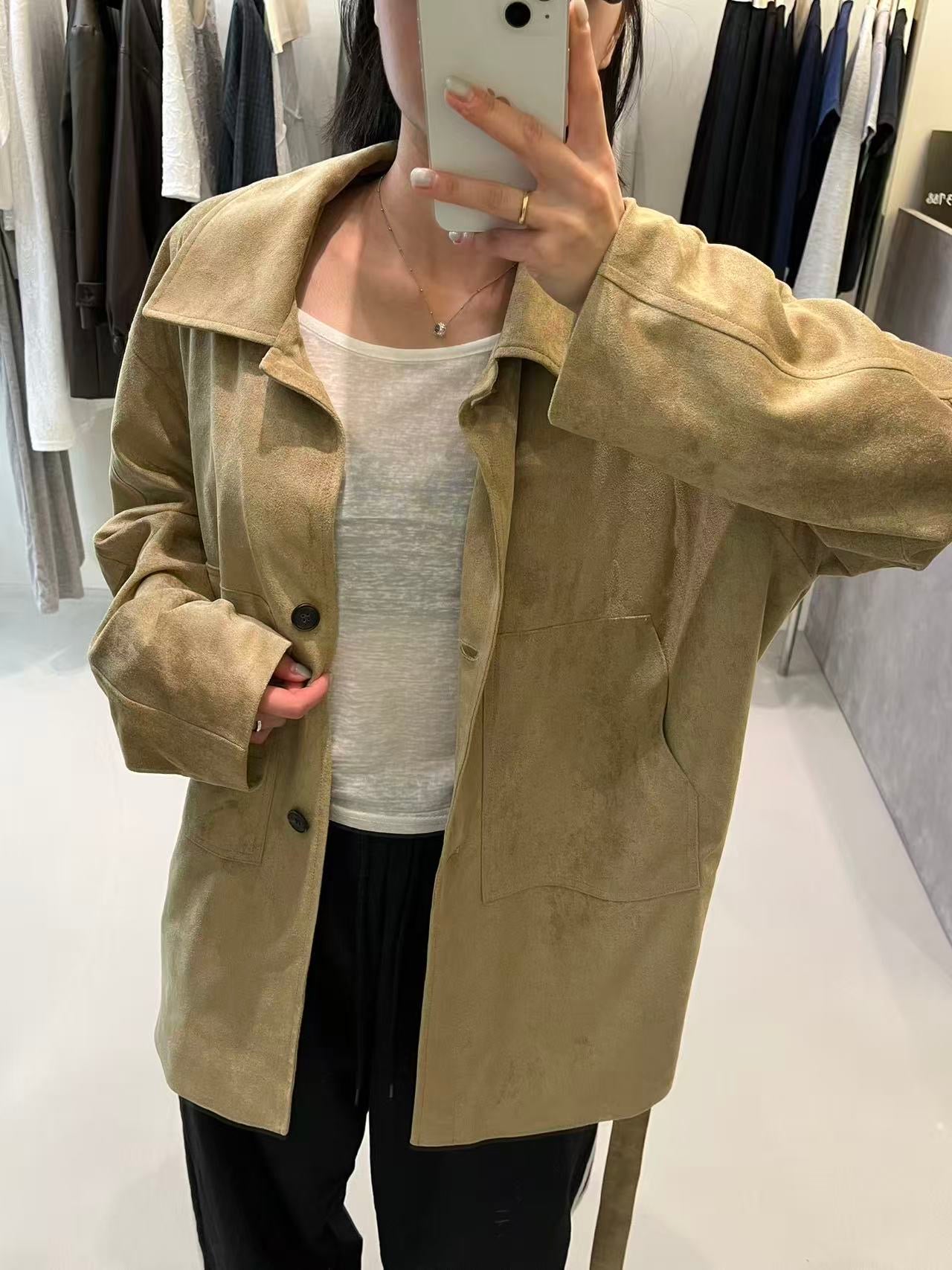 韓國製 麂皮感綁帶長版大衣