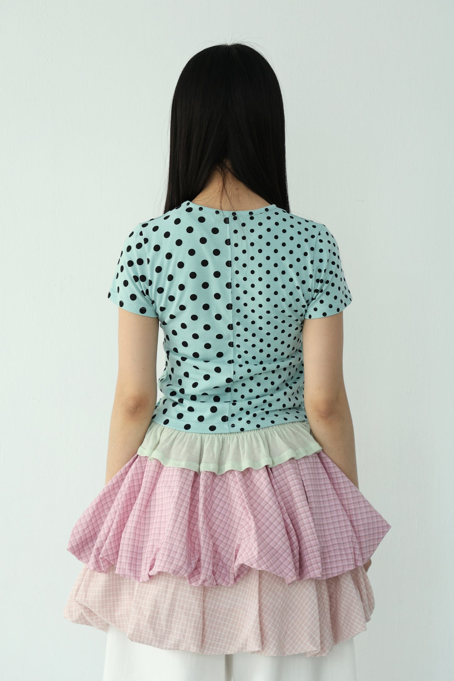 polka dot patchwork short-sleeved top
