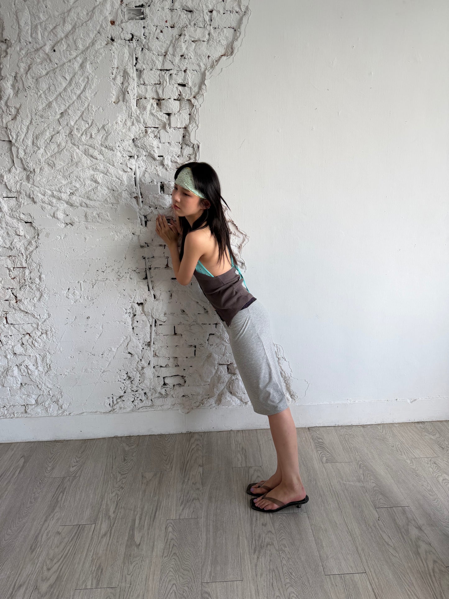 Lace color-blocked cotton skirt