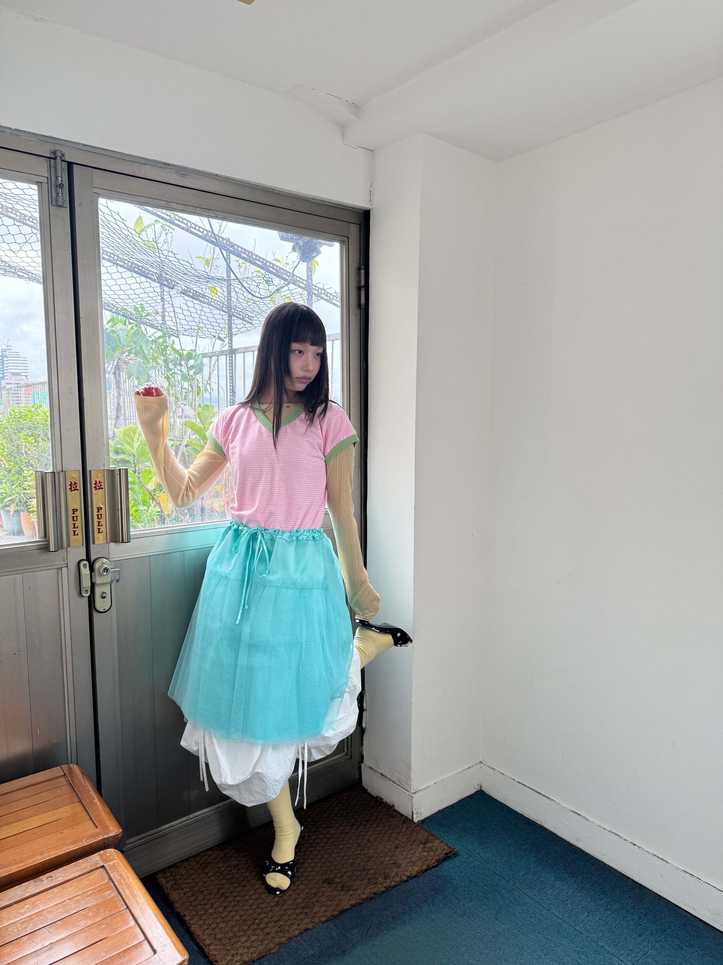 Candy-colored short-sleeved V-neck top