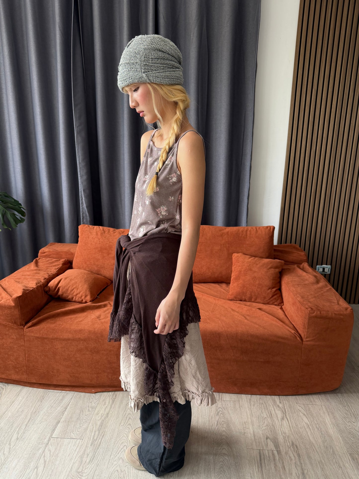 Embossed lace elastic cotton skirt
