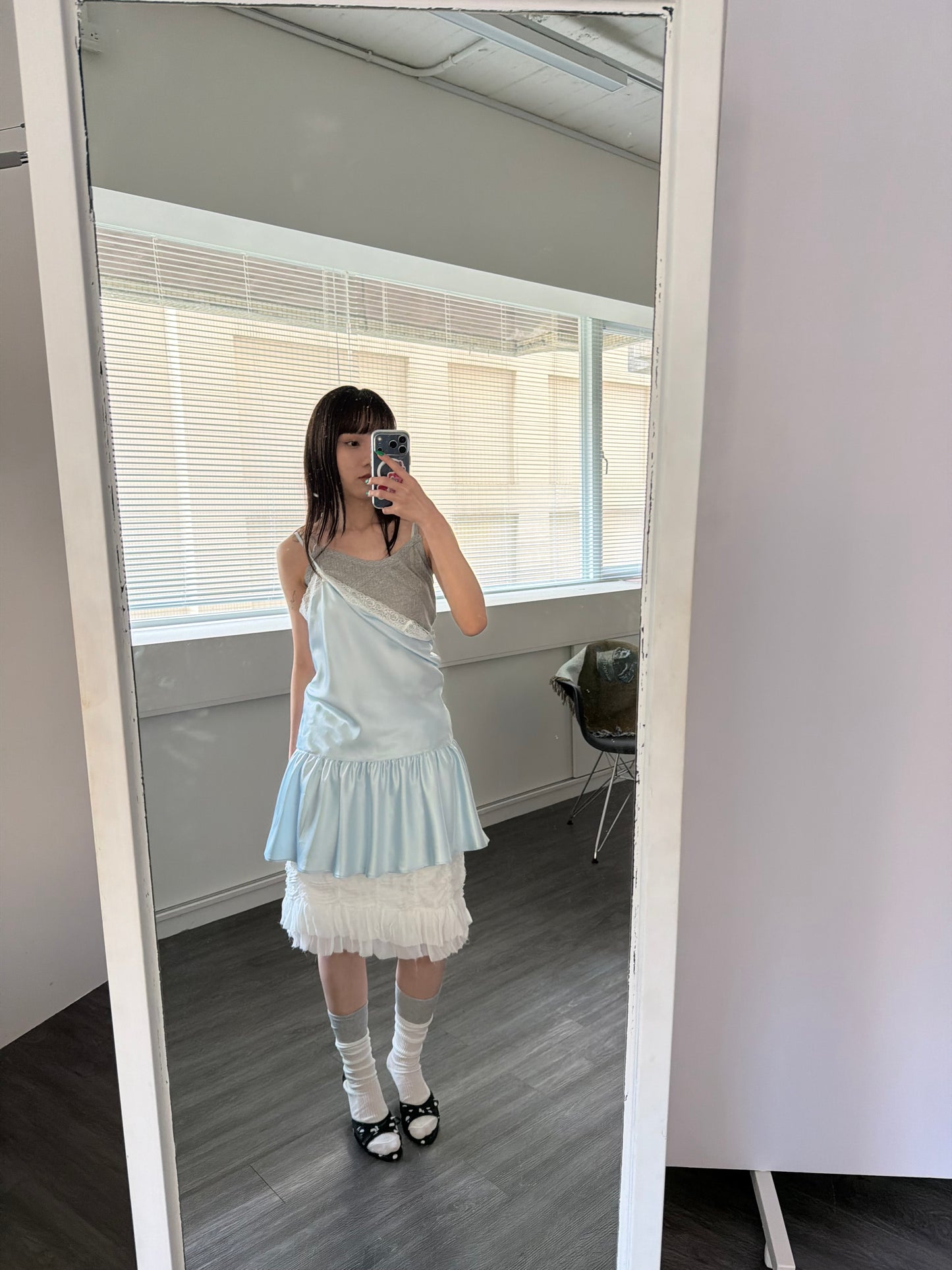 Thin-strap satin lace-trimmed camisole dress