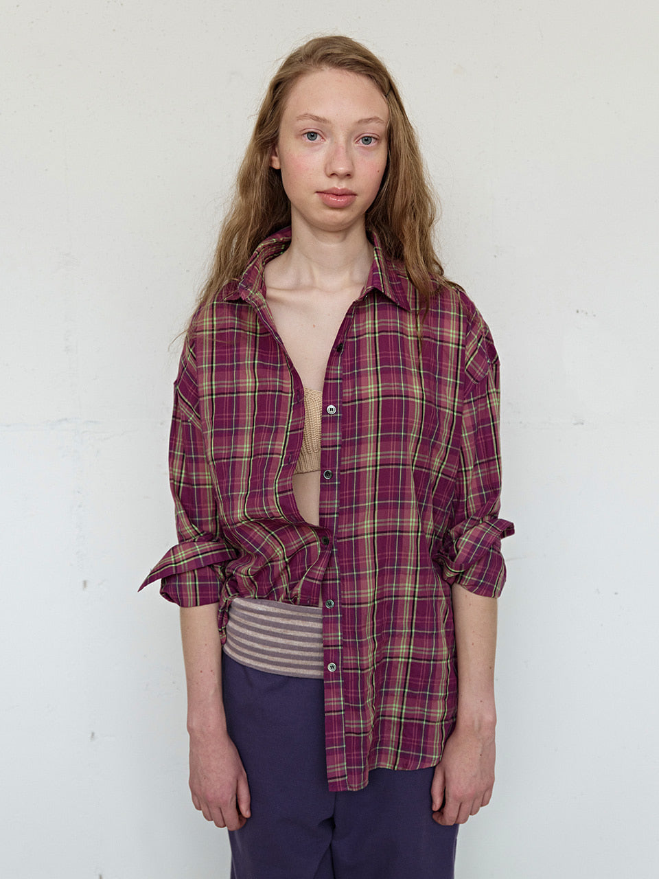 FUN FROM FUN Berry Check Overfit Shirt, Berry