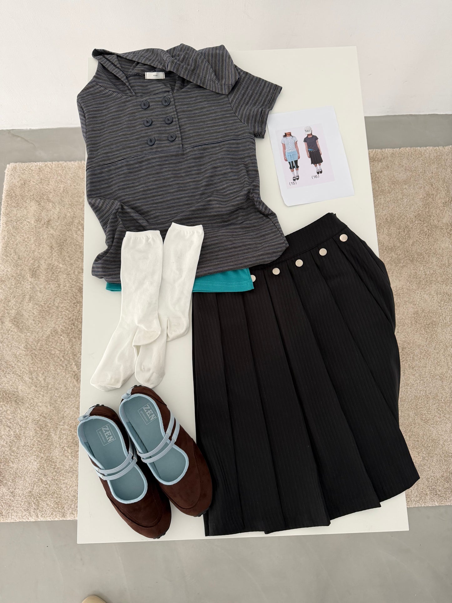 Studded striped suit pleated skirt