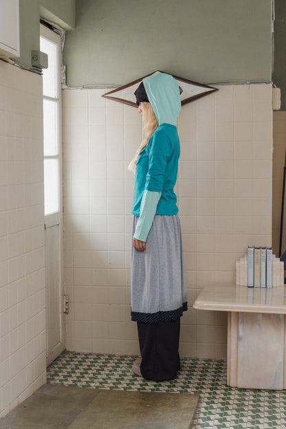 Rolled-up patchwork hooded top