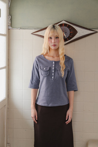 Pocket button three-quarter sleeve top