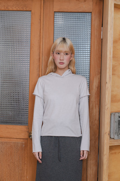 Rolled-up patchwork hooded top