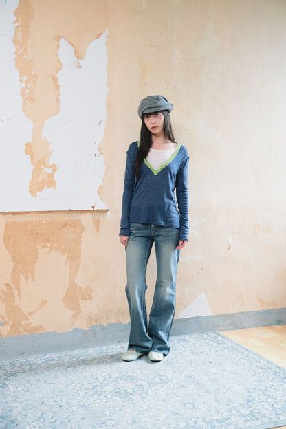 Lightweight V-Neck Lace-Trimmed Long-Sleeve Tee