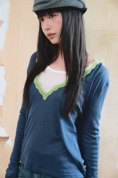 Lightweight V-Neck Lace-Trimmed Long-Sleeve Tee