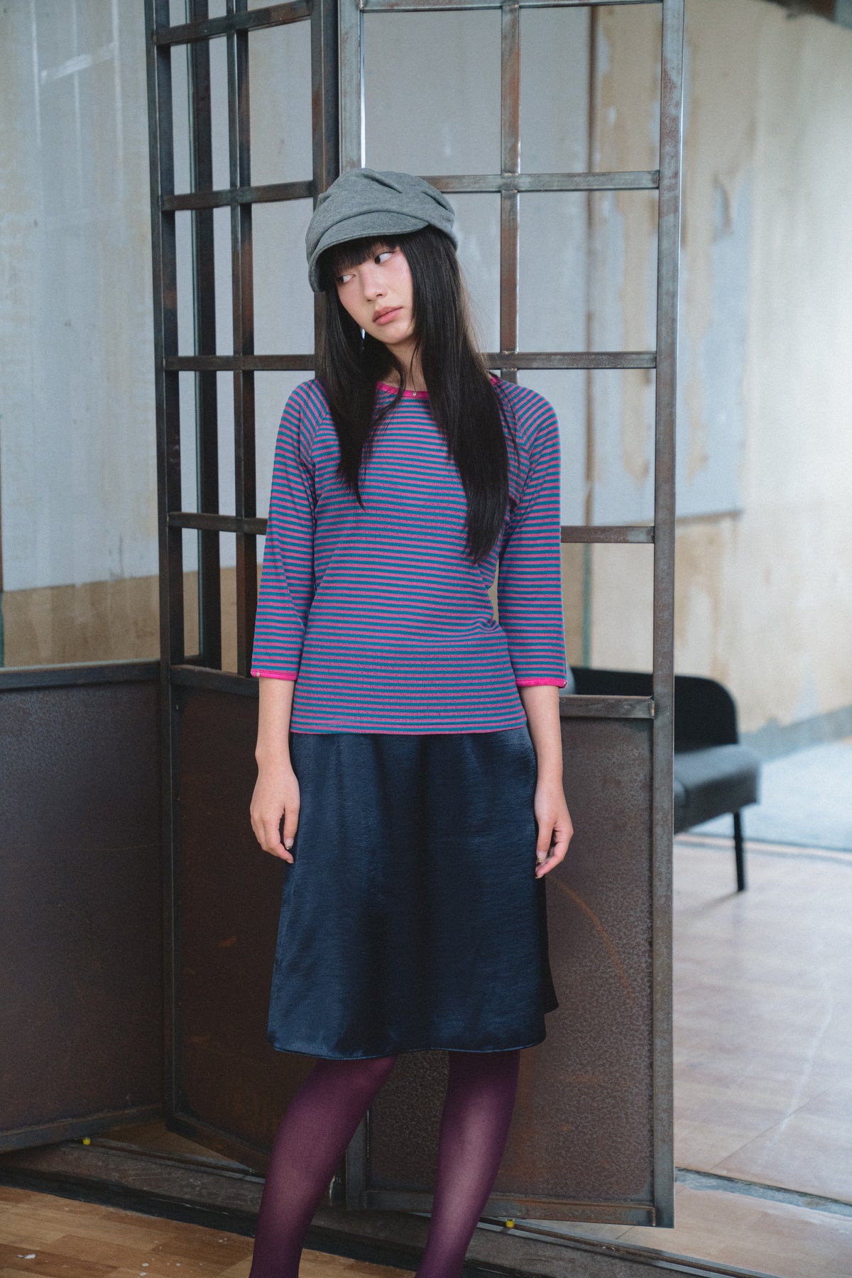 Color-Block Fine-Stripe Twill Top