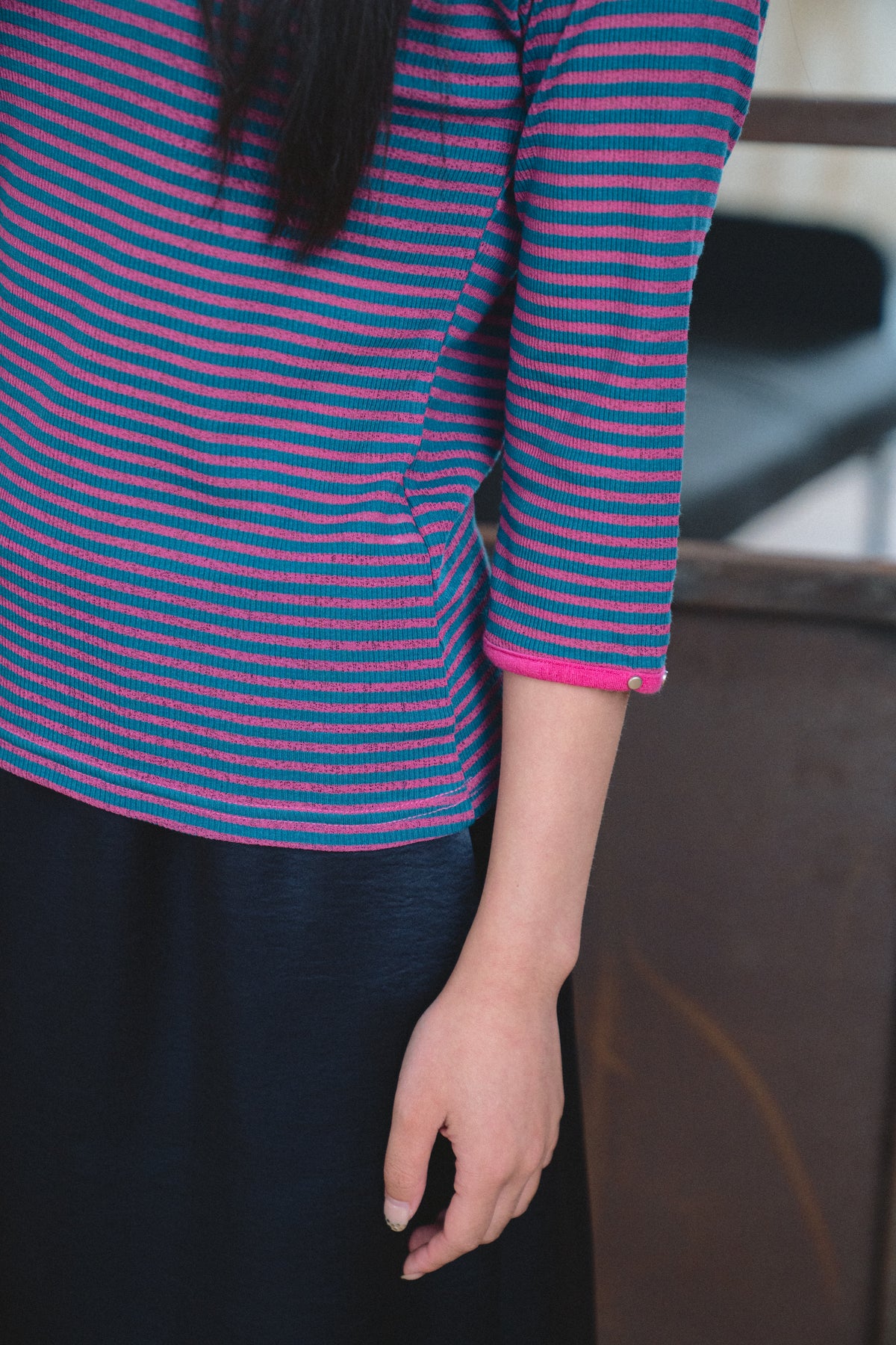 Color-Block Fine-Stripe Twill Top
