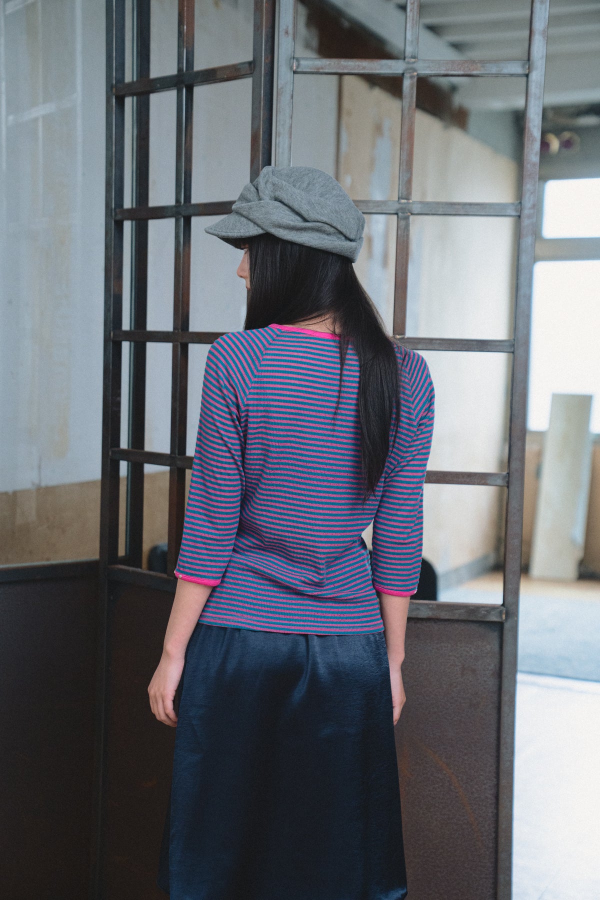 Color-Block Fine-Stripe Twill Top